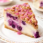 Delicious Blueberry Crumble Cheesecake with vanilla filling and crumble topping