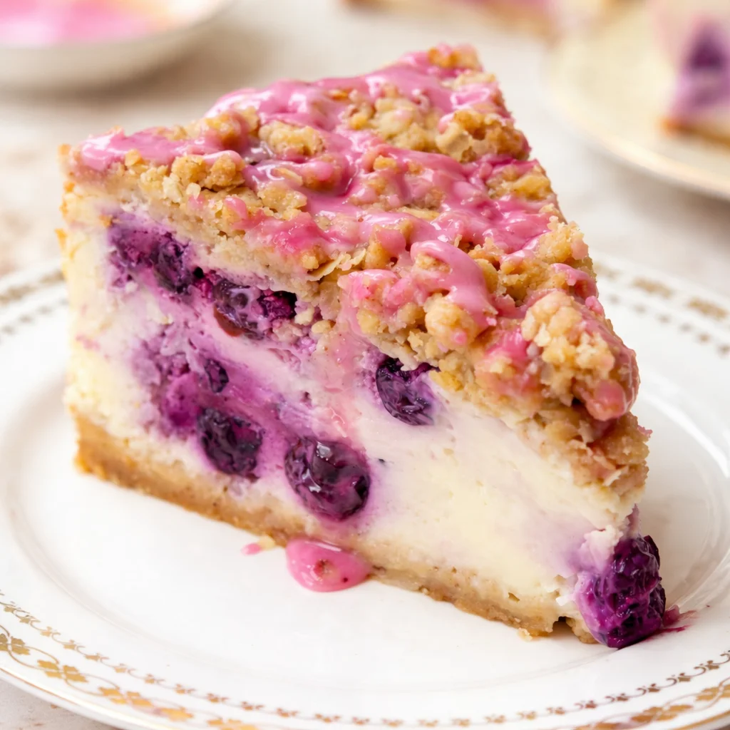 Delicious Blueberry Crumble Cheesecake with vanilla filling and crumble topping