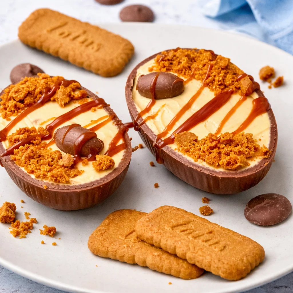 Easter Egg Cheesecake with creamy filling inside a chocolate shell