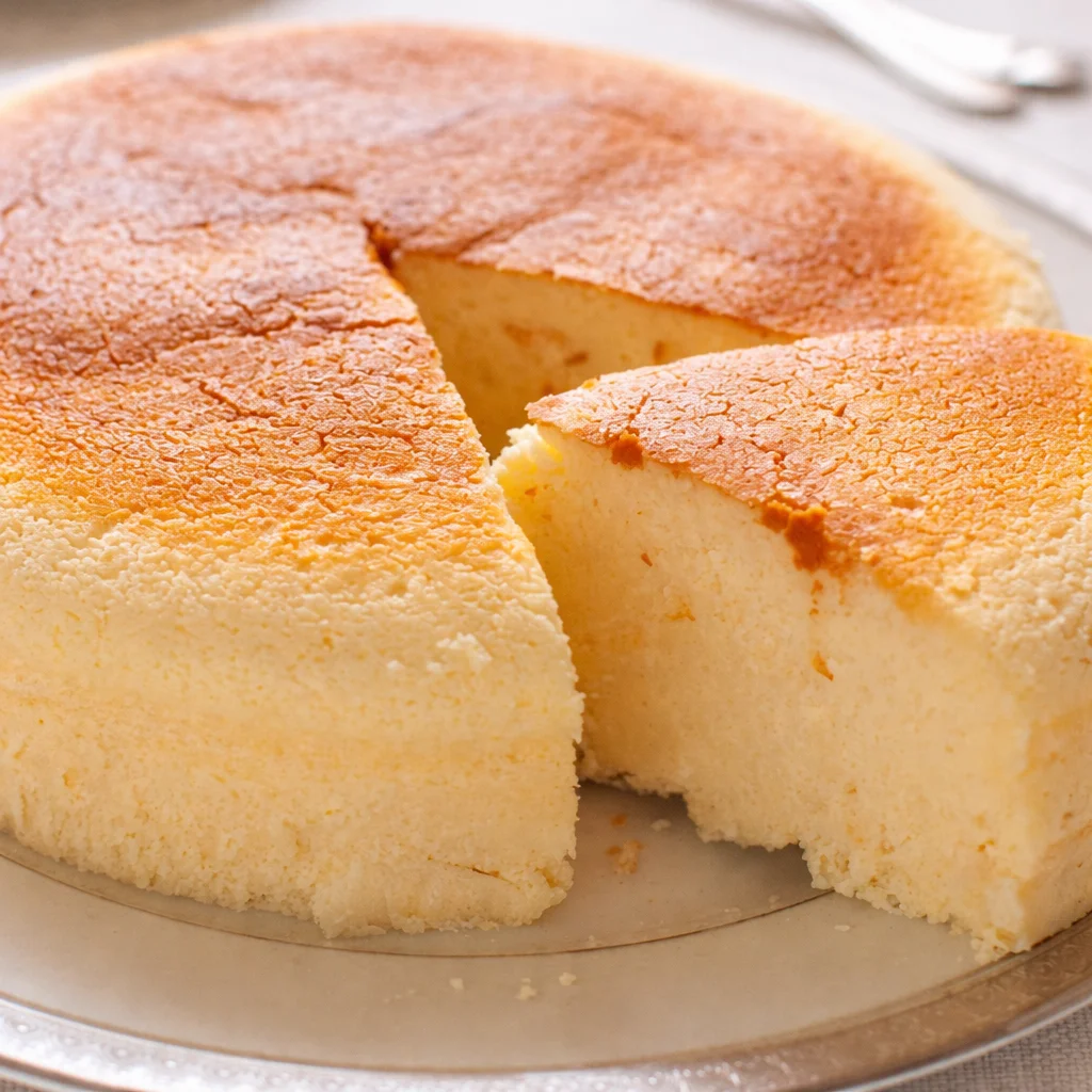 A slice of jiggly Japanese Cheesecake showcasing its fluffy texture and smooth top.