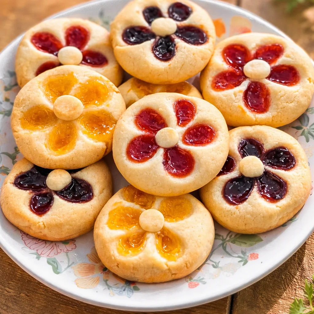 Flower Jam Thumbprint Cookies decorated with colorful jam in a floral design.