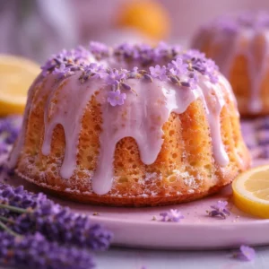 Mini Lemon Cakes with Lavender Glaze topped with edible flowers and lemon zest.