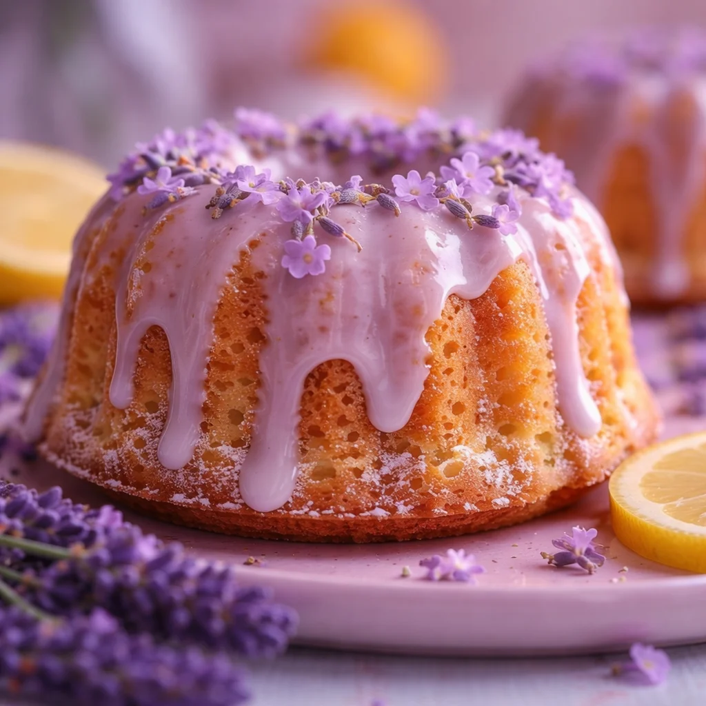 Mini Lemon Cakes with Lavender Glaze topped with edible flowers and lemon zest.