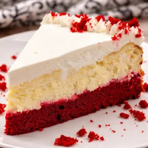 Delicious Knock You Naked Red Velvet Cheesecake topped with cream cheese frosting.