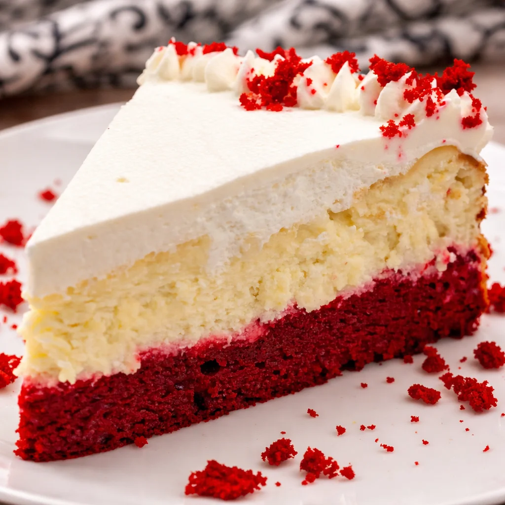 Delicious Knock You Naked Red Velvet Cheesecake topped with cream cheese frosting.