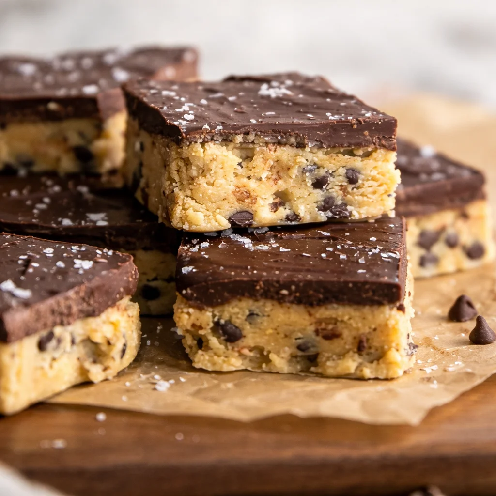 Healthy No Bake Cookie Dough Bars topped with chocolate chips and ready to eat.