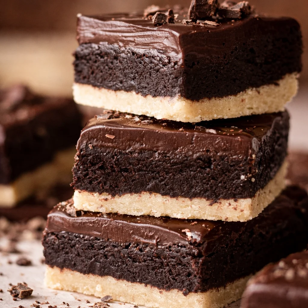 Delicious Brownie Shortbread Bars topped with rich chocolate ganache and buttery crust.