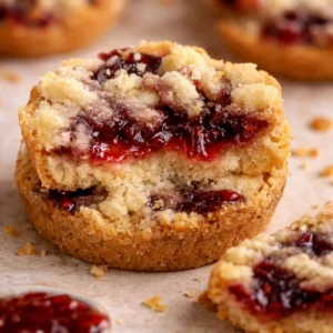 Buttery Raspberry Crumble Cookies with jam filling and crumb topping on a plate.