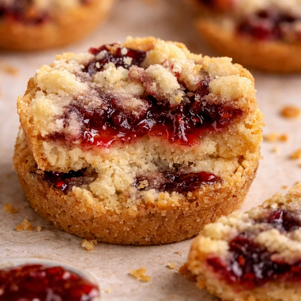 Buttery Raspberry Crumble Cookies with jam filling and crumb topping on a plate.