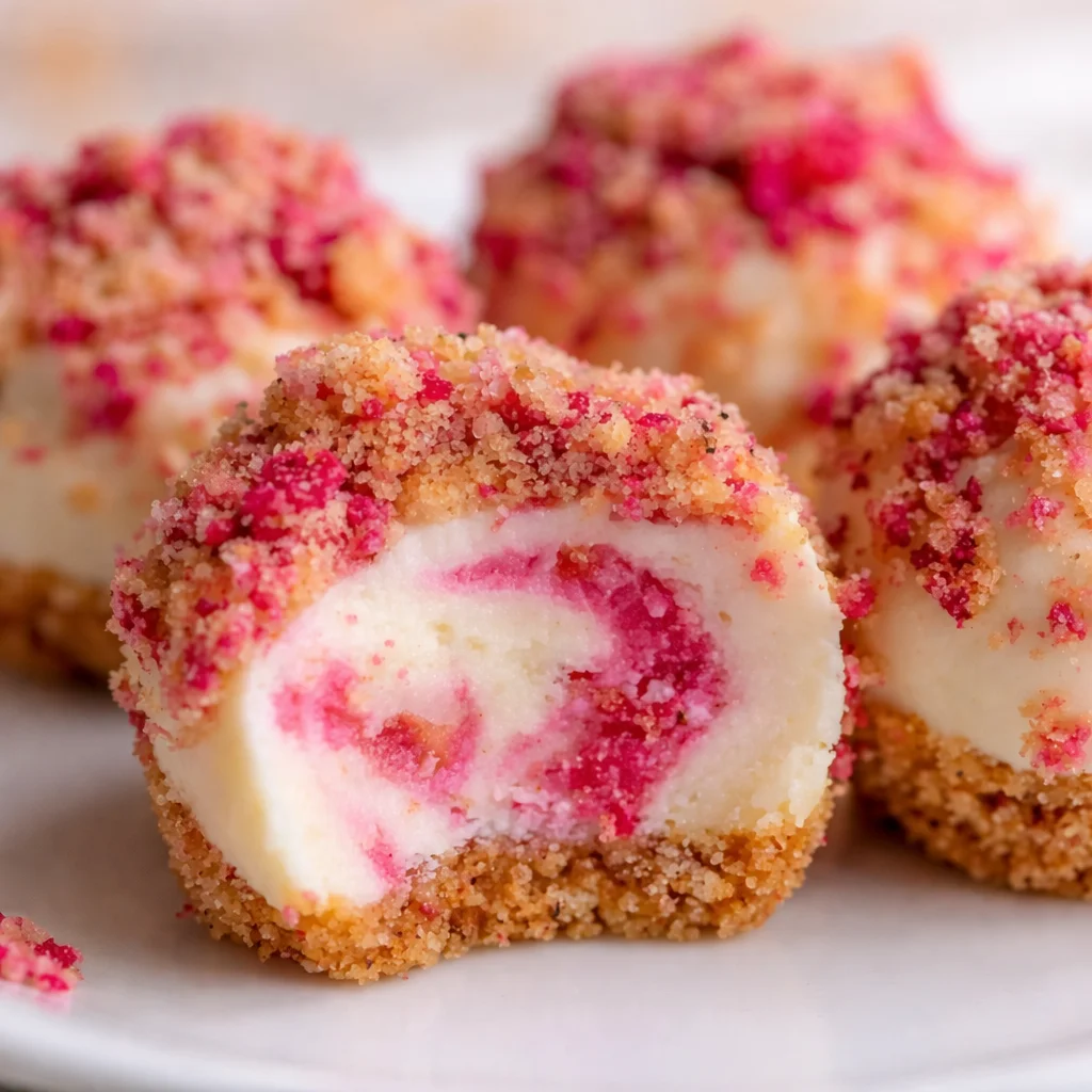 Strawberry Cheesecake Crunch Bites with a creamy filling and crunchy strawberry coating