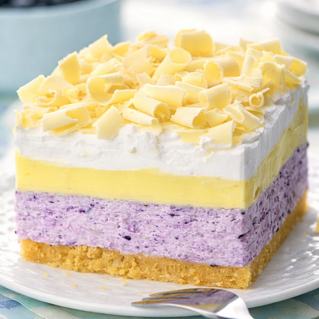 Delicious Lemon Blueberry Lasagna layered with lemon Oreos and blueberry cheesecake.