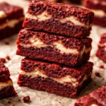 Rich red velvet brownies topped with creamy cheesecake frosting, perfect dessert treat.