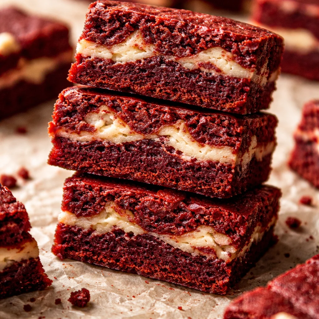 Rich red velvet brownies topped with creamy cheesecake frosting, perfect dessert treat.