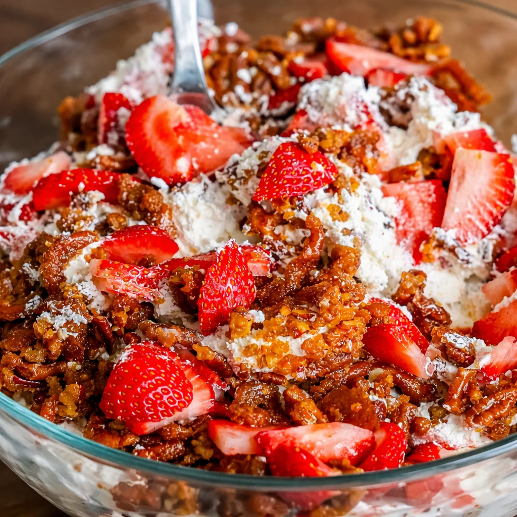 Delicious Strawberry Crackle Salad featuring fresh strawberries and a crunchy pretzel crust.