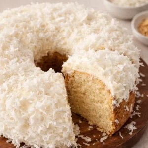 Deliciously moist Catch A Husband Cake topped with creamy coconut frosting.