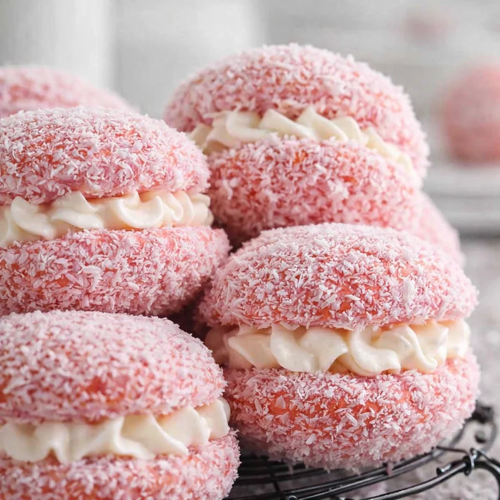 Vintage Australian Pink Jelly Coconut Cakes with fluffy sponge and coconut coating.