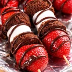 Delicious strawberry brownie kabobs with marshmallows and drizzled chocolate.
