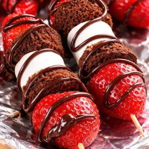 Delicious strawberry brownie kabobs with marshmallows and drizzled chocolate.