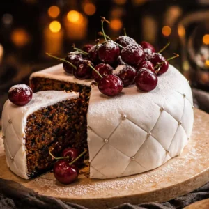 A beautifully decorated moist fruit cake showcasing rich colors and textures.