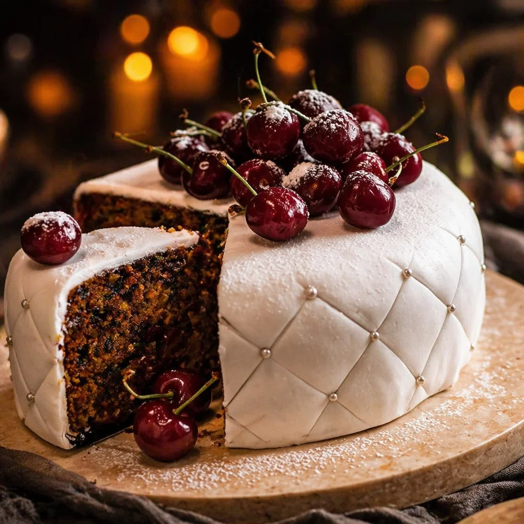 A beautifully decorated moist fruit cake showcasing rich colors and textures.