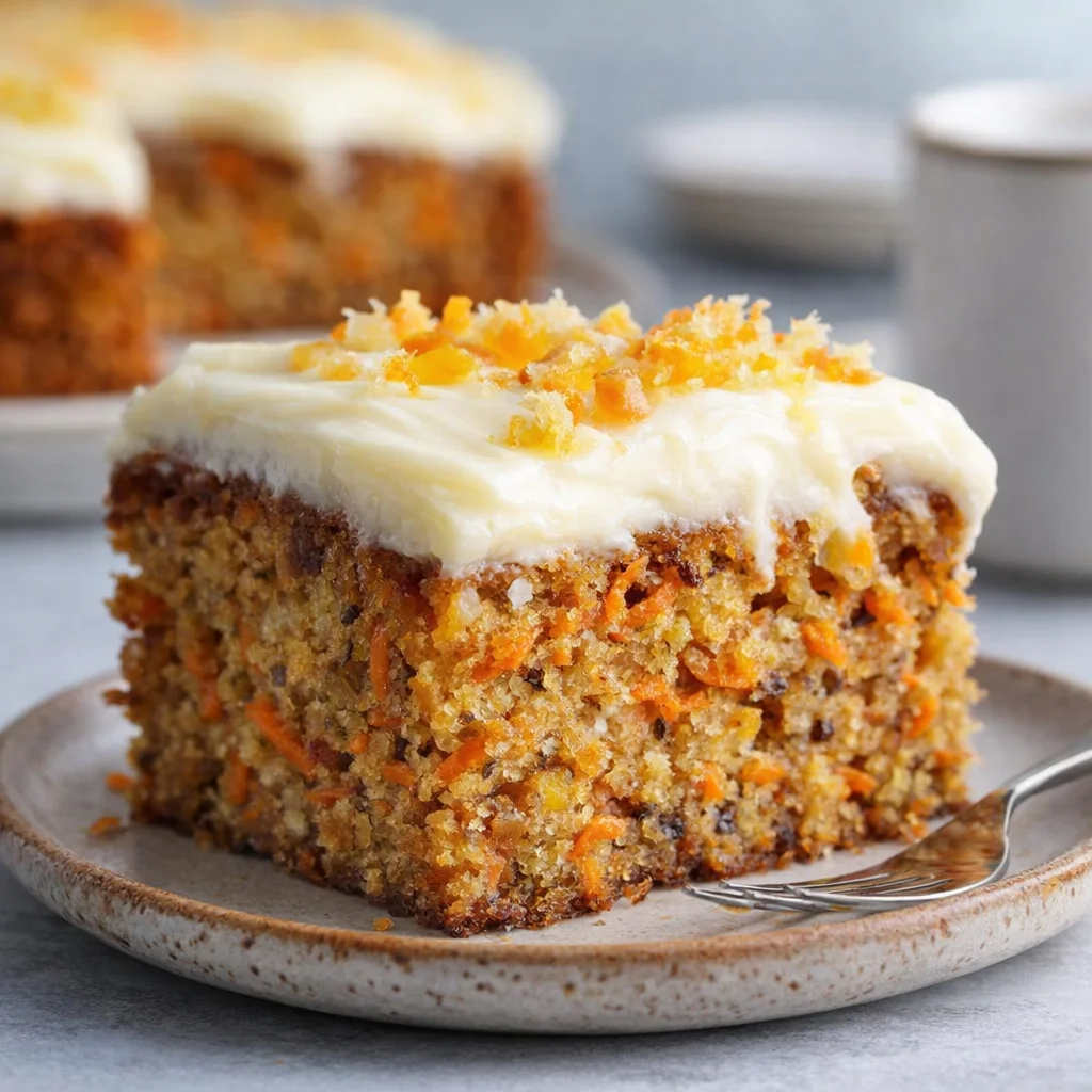 Slice of Hawaiian Carrot Pineapple Cake topped with cream cheese frosting.
