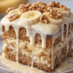 Heavenly Banana Walnut Cream Cake with cream cheese frosting and walnut decoration.