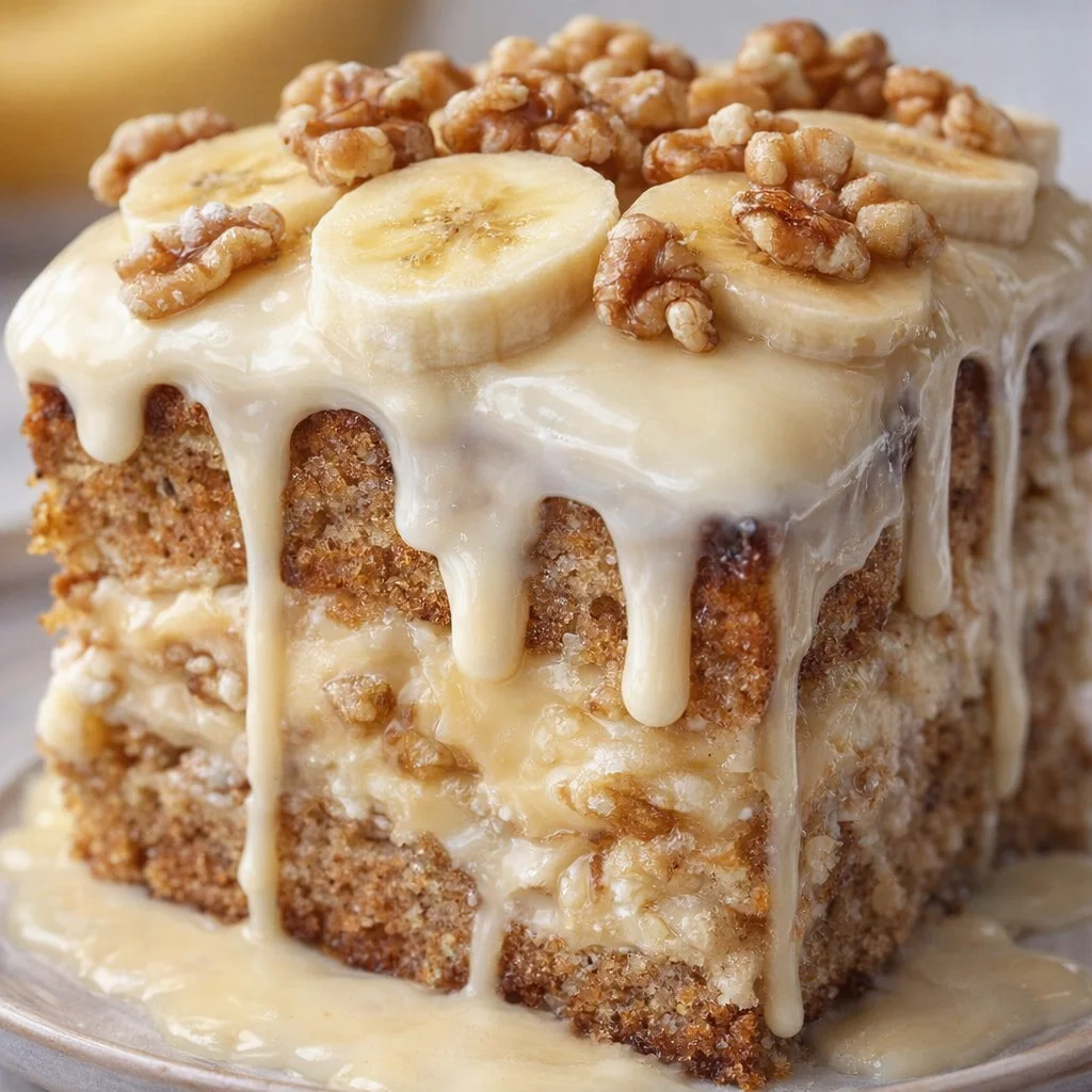 Heavenly Banana Walnut Cream Cake with cream cheese frosting and walnut decoration.