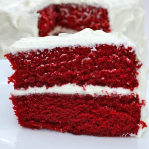 Delicious red velvet cake topped with creamy frosting, perfect for celebrations.