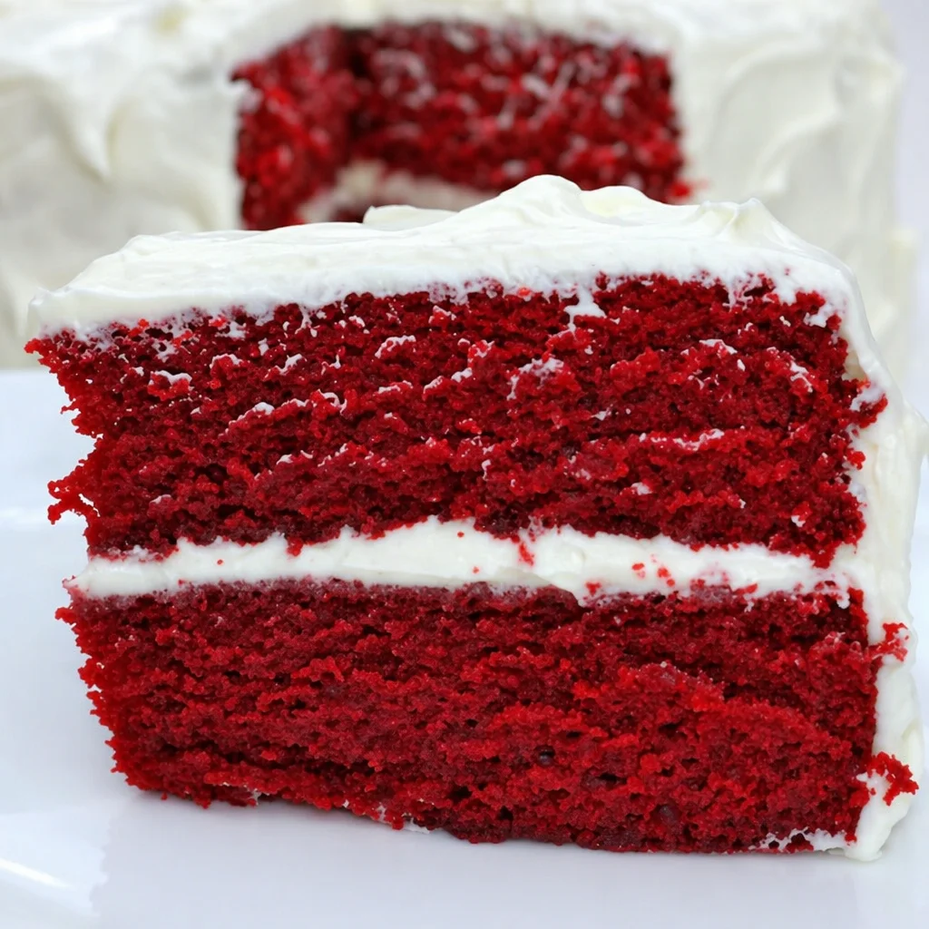 Delicious red velvet cake topped with creamy frosting, perfect for celebrations.