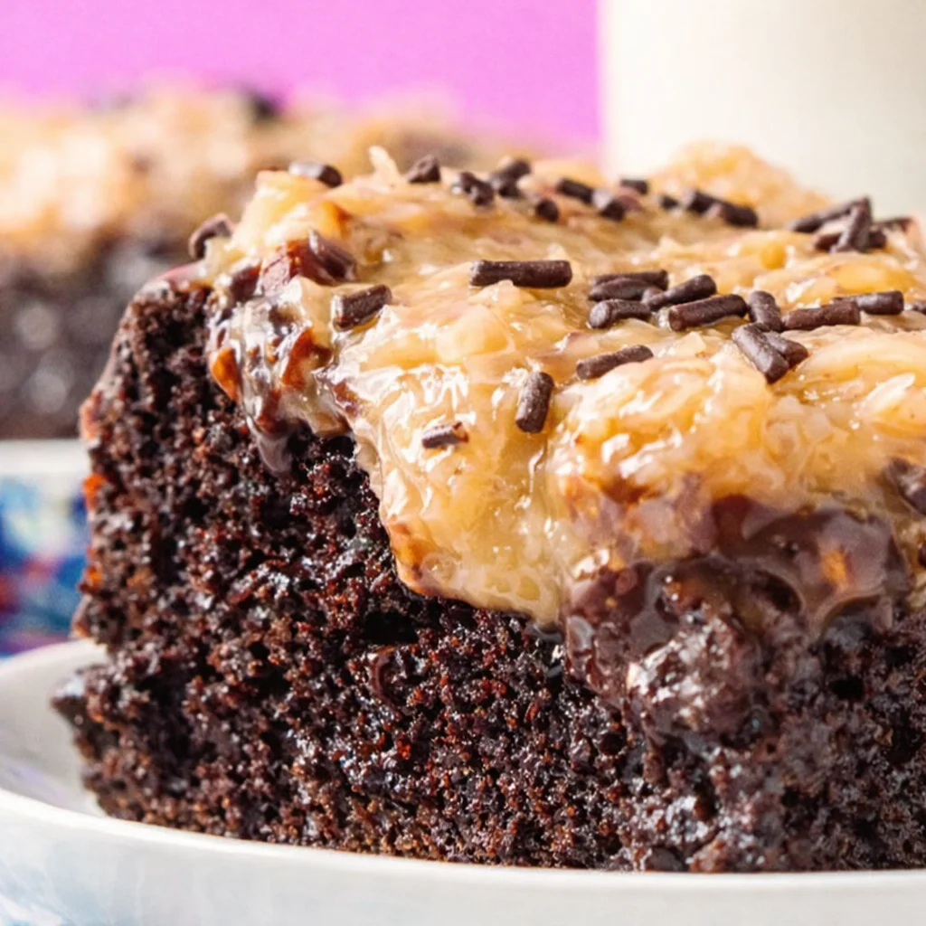 Deliciously moist German Chocolate Poke Cake topped with coconut pecan frosting.