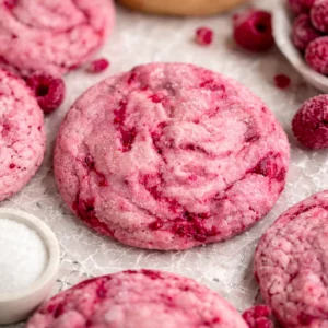 Soft and chewy raspberry sugar cookies with a hint of berry flavor and buttery sweetness.
