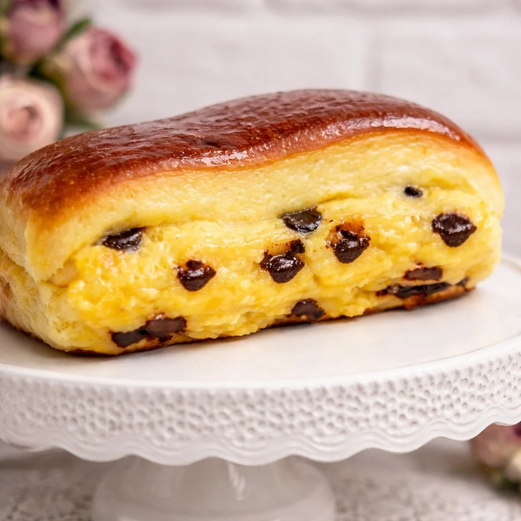 Chocolate Chip Vanilla Custard Brioche filled with creamy custard and chocolate chips.