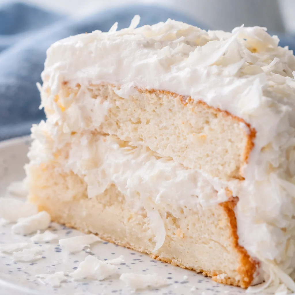 Slice of Coconut Cloud Cake topped with fluffy coconut frosting and flakes.