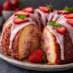 Delicious Strawberry Milkshake Pound Cake topped with fresh strawberries and glaze