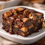 Delicious peanut butter cup dump cake delight ready to be served, a perfect fudgy dessert.