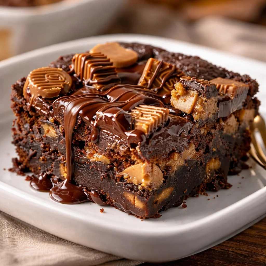 Delicious peanut butter cup dump cake delight ready to be served, a perfect fudgy dessert.