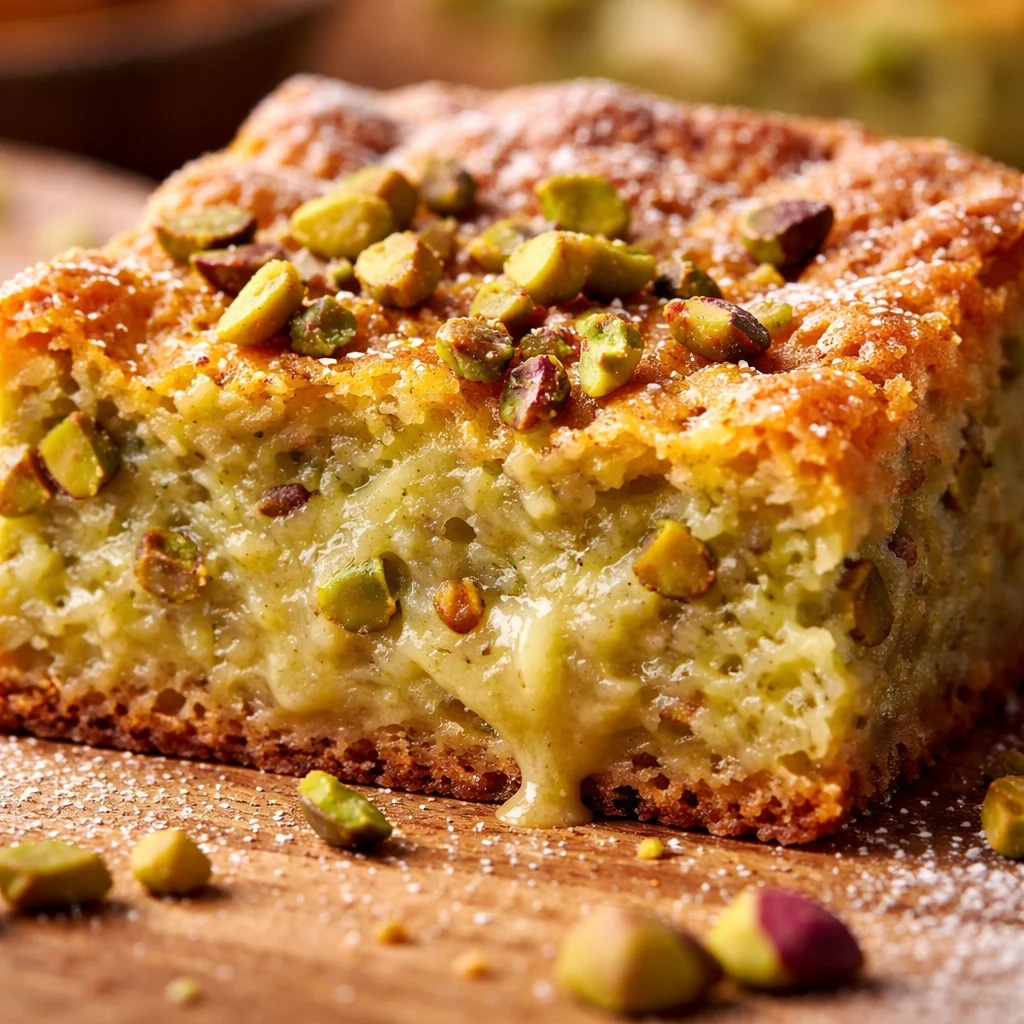 Pistachio Gooey Butter Cake topped with powdered sugar on a serving plate