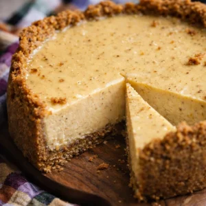 Rich and creamy Vanilla Bean Butter Cheesecake topped with brown butter goodness.