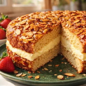 Slice of German Bee Sting Cake with creamy filling and honey almond topping