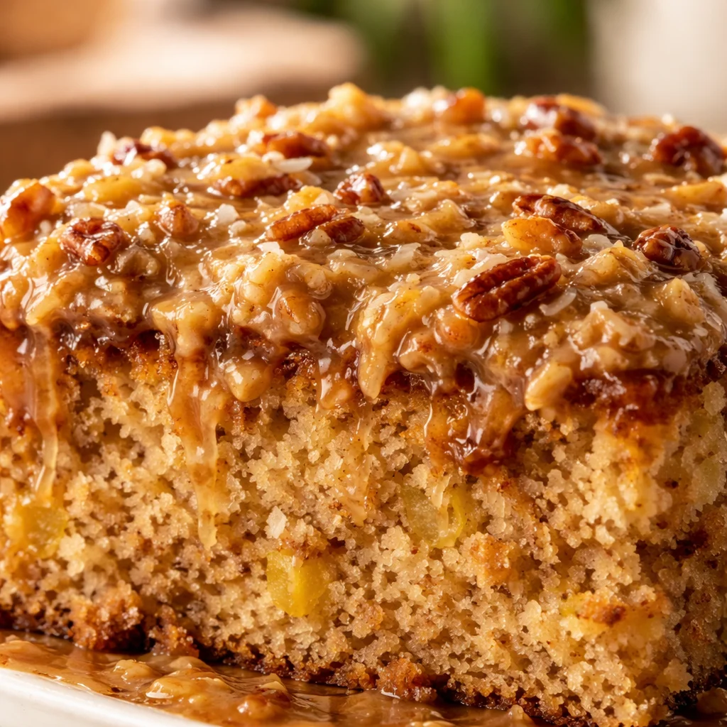 Delicious Texas Tornado Cake topped with coconut and pecans in a baking dish.