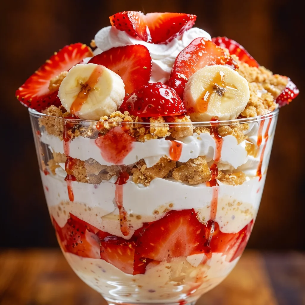 Creamy Strawberry Crunch Banana Pudding with fresh fruit and crunchy topping