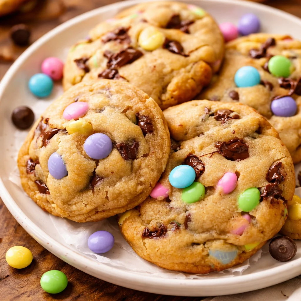 Soft and chewy Easter M&M cookies with colorful candies and chocolate chips.