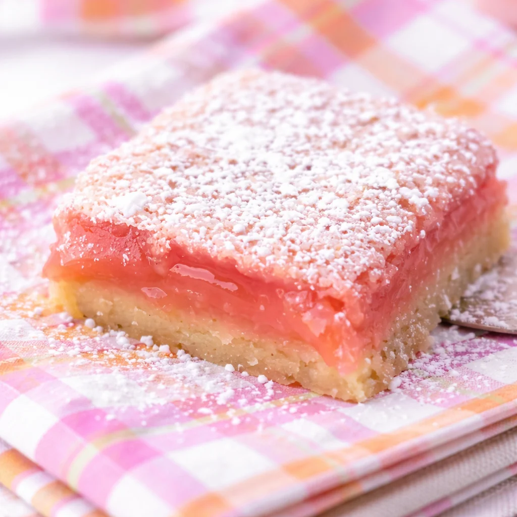 Delicious Hibiscus Lemon Bars with a bright pink hue and lemony filling.