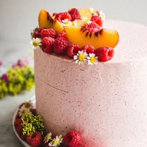 Delicious almond layer cake with peach filling, perfectly layered for a sweet treat.
