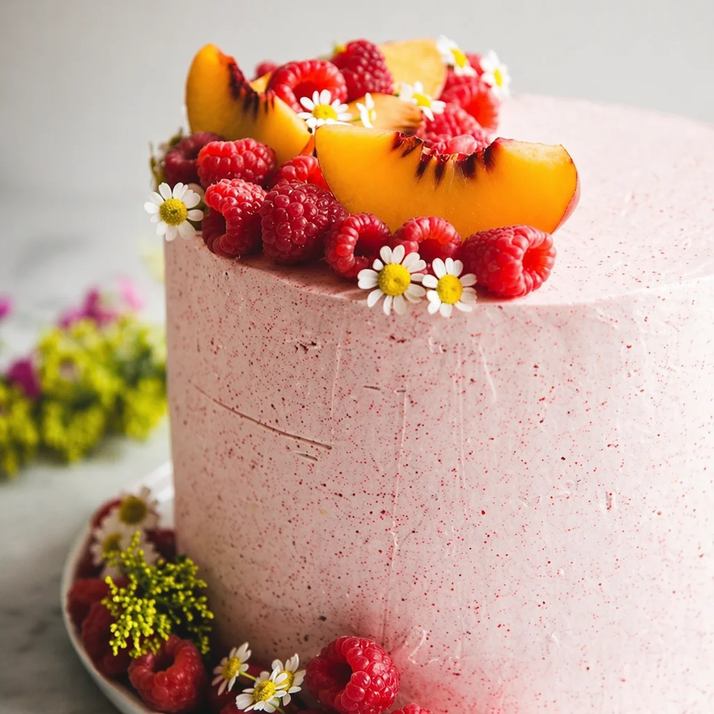 Delicious almond layer cake with peach filling, perfectly layered for a sweet treat.