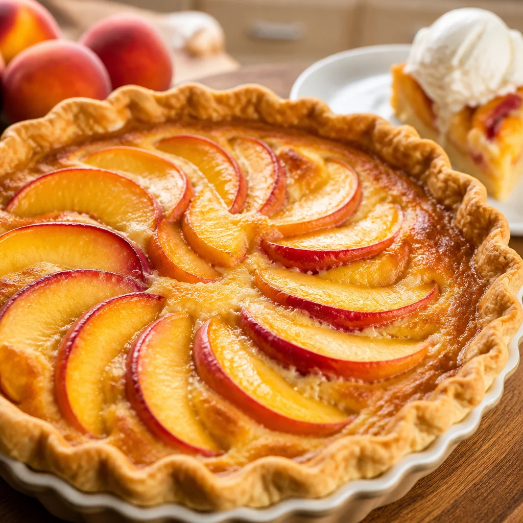 A delicious slice of homemade peach custard pie topped with fresh peaches and creamy custard.
