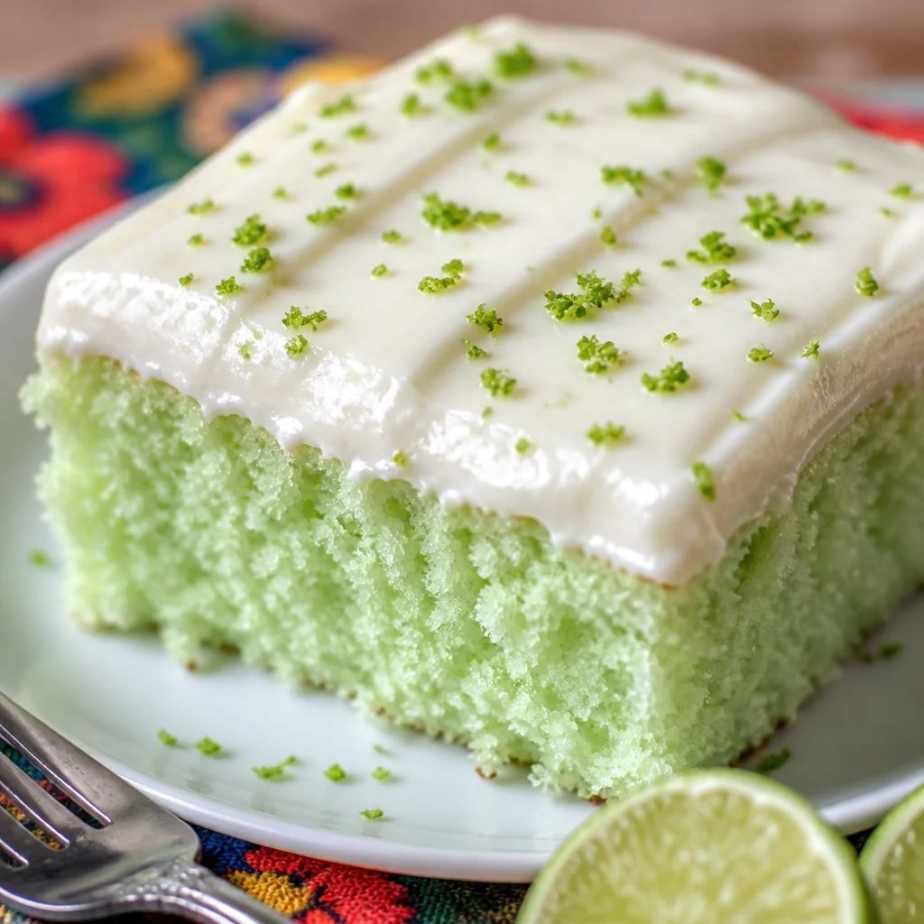 Slice of Green Cake with Key Lime Icing garnished with lime zest on a white plate.
