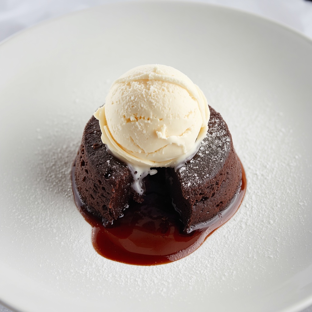 Molten chocolate lava cake with vanilla ice cream