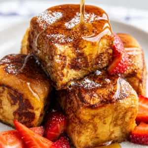 Delicious Hawaiian Roll French Toast served with maple syrup and cinnamon.