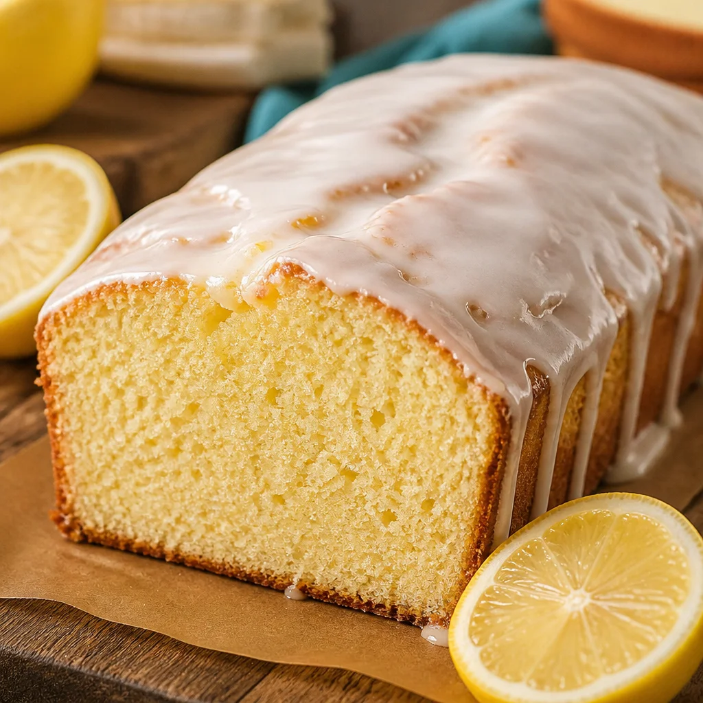 Moist lemon loaf slice topped with sweet lemon icing, perfect for spring brunch.
